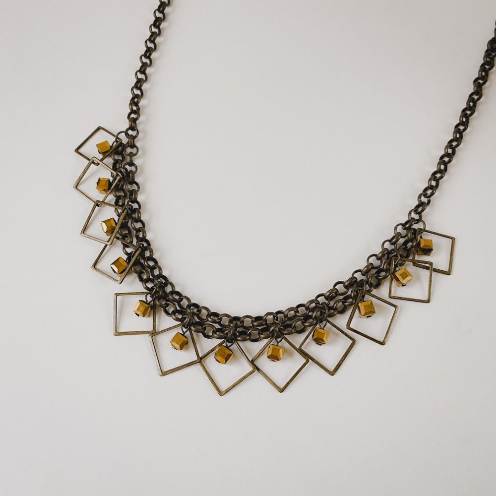 Boho Geometric Square Brass Tone Chain Brown Crystal Cube Beaded Bib Necklace